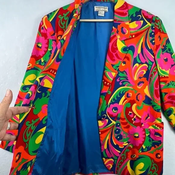 Vintage 90s All Over Bright Colorful Psychedelic Florals Artsy Blazer Medium - Picture 8 of 13